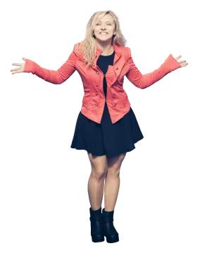 a woman in a red jacket and black dress