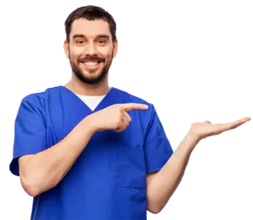 a man in scrubs points at the camera