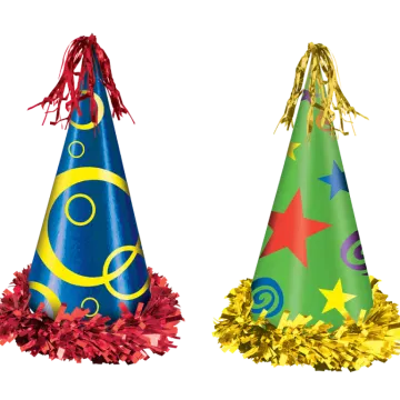 three party hats with stars and ribbons