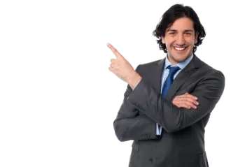 a man in a suit and tie pointing at the camera