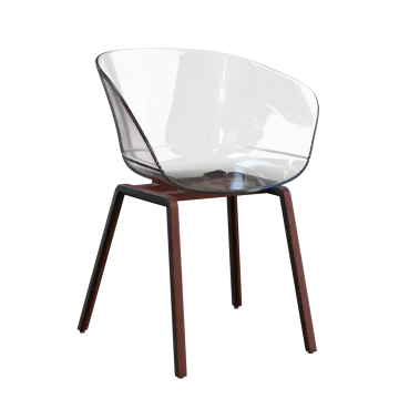 a white chair with wooden legs and a clear seat