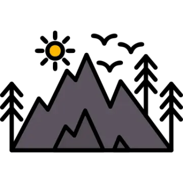 a mountain with trees and birds in the sky