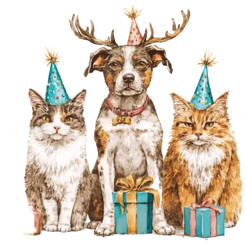 three cats and a dog wearing party hats