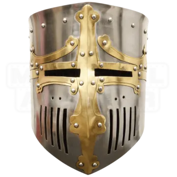 a close up of a medieval knight's helmet