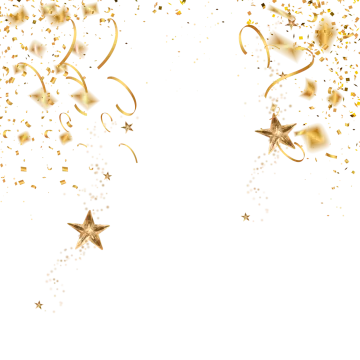 a white background with gold stars and confe
