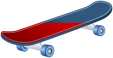 a skateboard with red and blue wheels