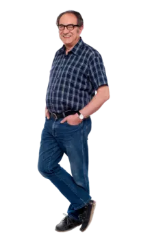 an older man in a blue shirt and jeans