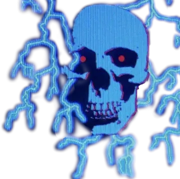 a blue skull with red eyes on it's face