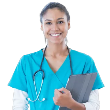 a smiling female doctor holding a clipboard