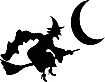 a black and white silhouette of a witch flying over the moon