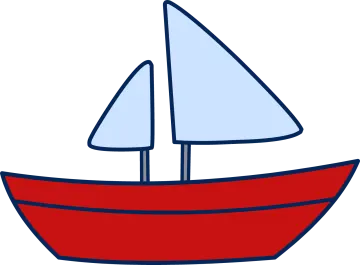 a red boat with blue sails