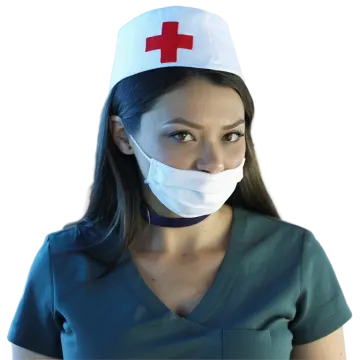 a woman wearing a red cross on her face