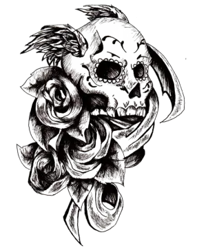 a black and white drawing of a dog with roses