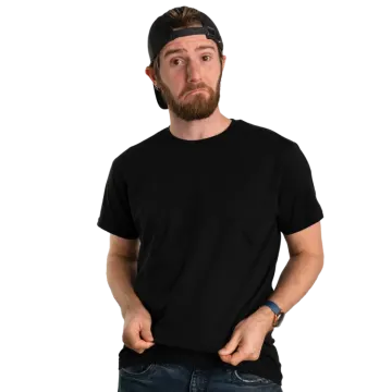 a man wearing a black t - shirt and jeans