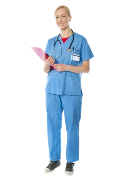 a female nurse holding a clipboard