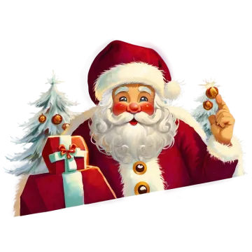 a santa claus holding a christmas tree and pointing at it