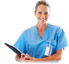 a woman in scrubs holding a clipboard
