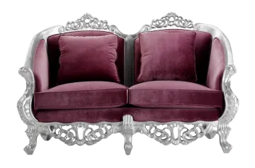 a pair of chairs with purple velvet cushions