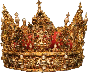 a gold crown with red and white decorations