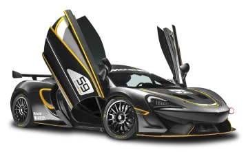 a black and yellow mclaren car with doors open