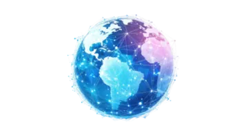 a blue and white globe with connected lines around it