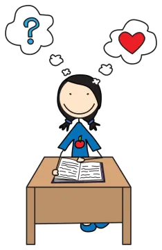 a girl sitting at her desk with a heart above her head