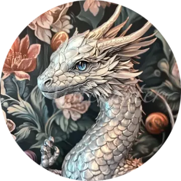 a white dragon with blue eyes and flowers in the background