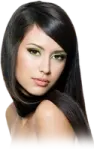 a woman with long black hair and green eyes