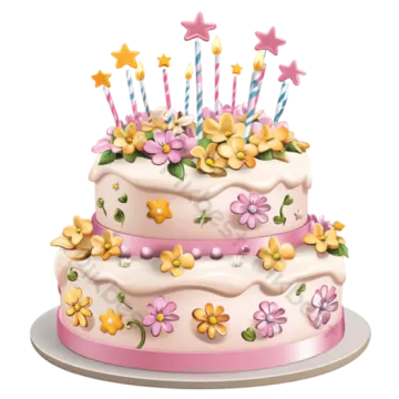 a birthday cake with candles and flowers