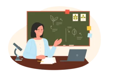a woman sitting at a desk in front of a blackboard