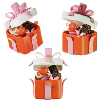 three orange and white boxes with chocolates in them