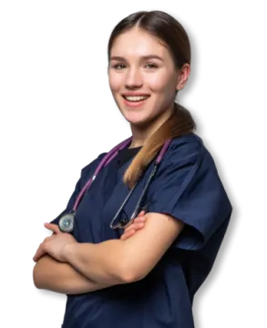 a smiling female doctor with her arms crossed
