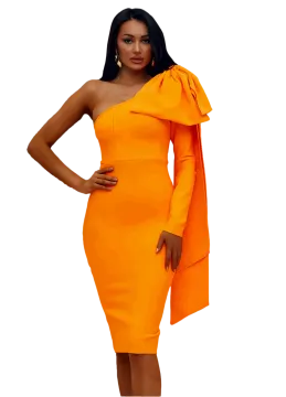 a woman in an orange dress