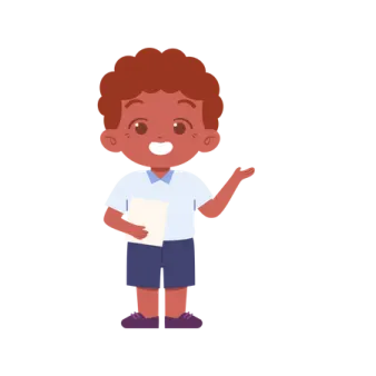 a boy with a white shirt and blue shorts holding a piece of paper