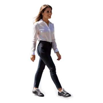 a woman in white shirt and black pants walking