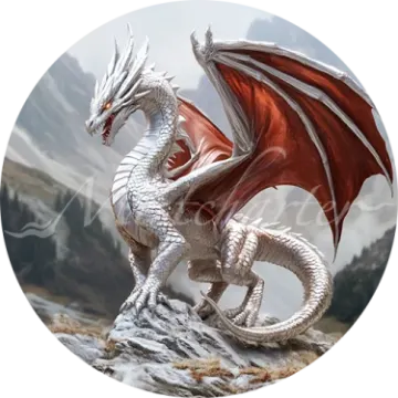 a white and red dragon sitting on top of a rock