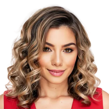 a woman in a red dress with long wavy hair