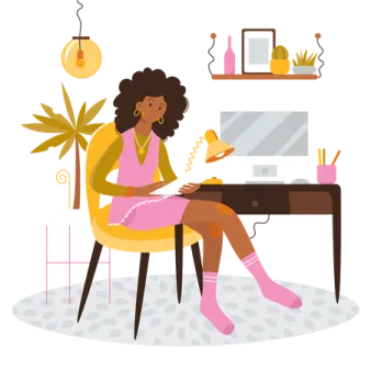 a woman sitting at her desk reading a book