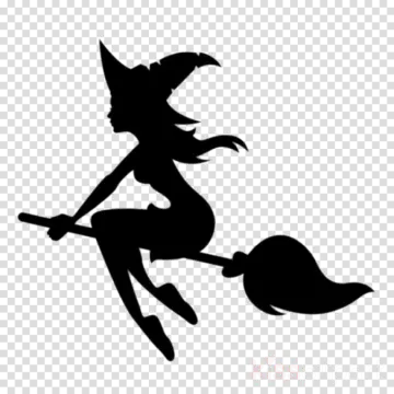 a black and white silhouette of a witch flying on a broom