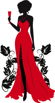 a woman in a red dress holding a glass of wine