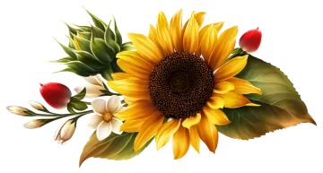 a yellow sunflower with green leaves and red flowers