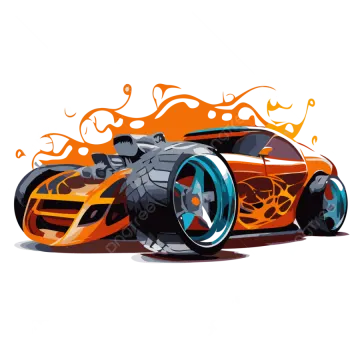 an orange race car with flames on it