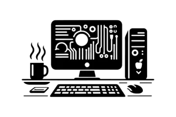 a computer with a cup of coffee next to it