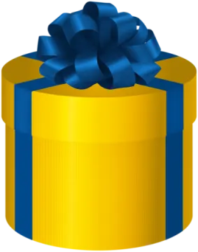 a yellow gift box with blue ribbon and bow