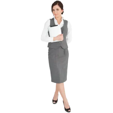 a woman in a gray skirt and white shirt