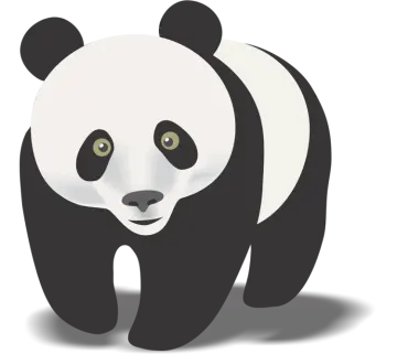 a black and white panda bear with green eyes