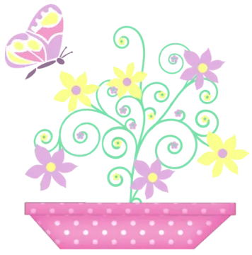 a flower pot with a butterfly flying over it