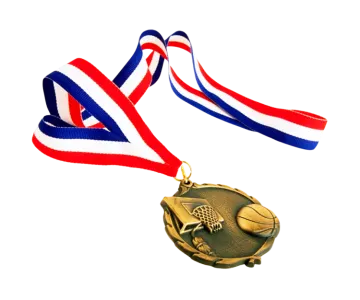 a gold medal with red, white and blue ribbons