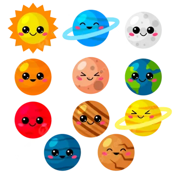 a set of cartoon planets with different faces