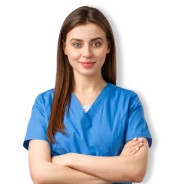a woman in scrubs with her arms crossed